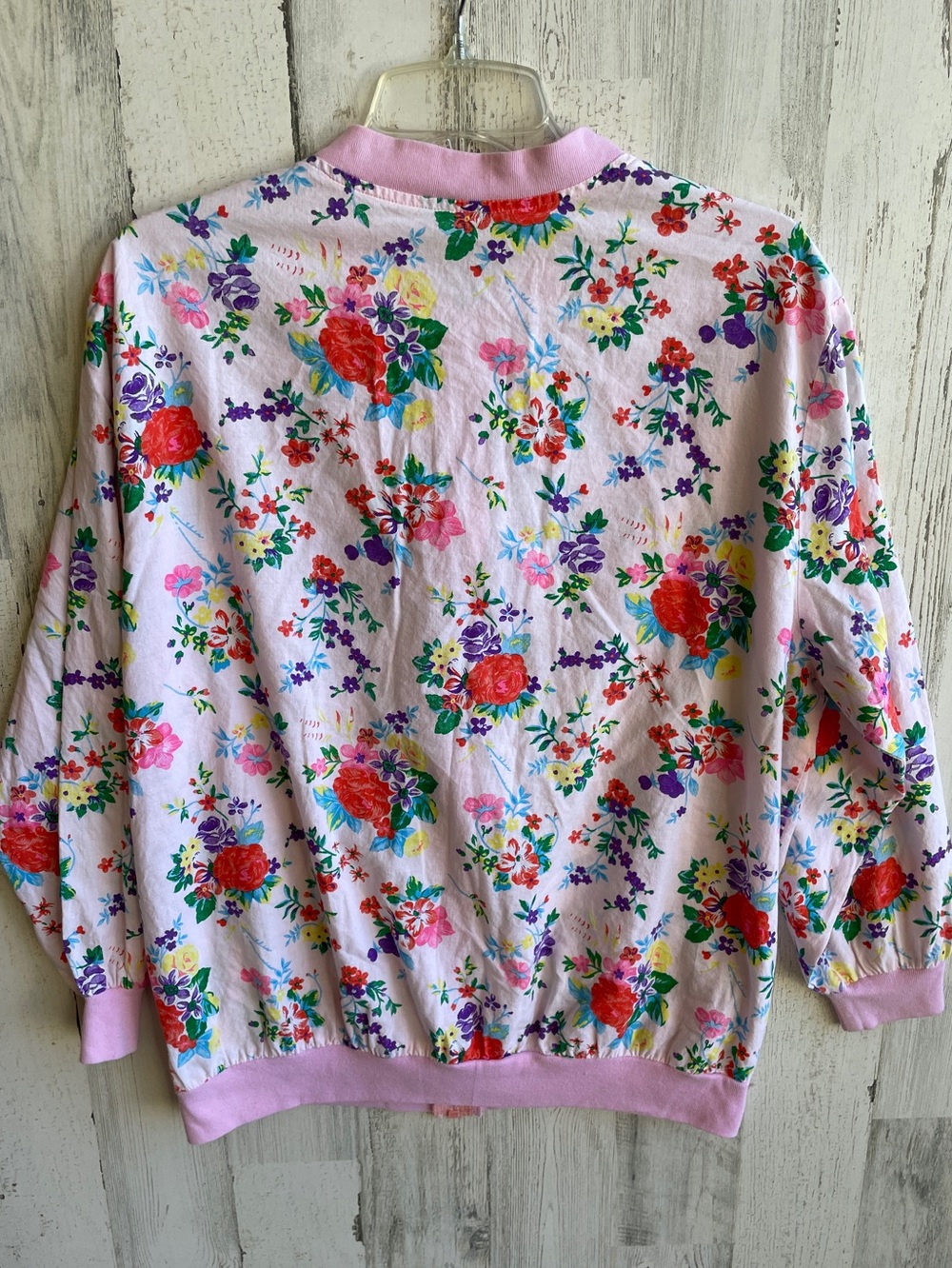 Vintage Floral Pink Zip-Front Thin Cotton Bomber Jacket SZ L - Picture 4 of 9